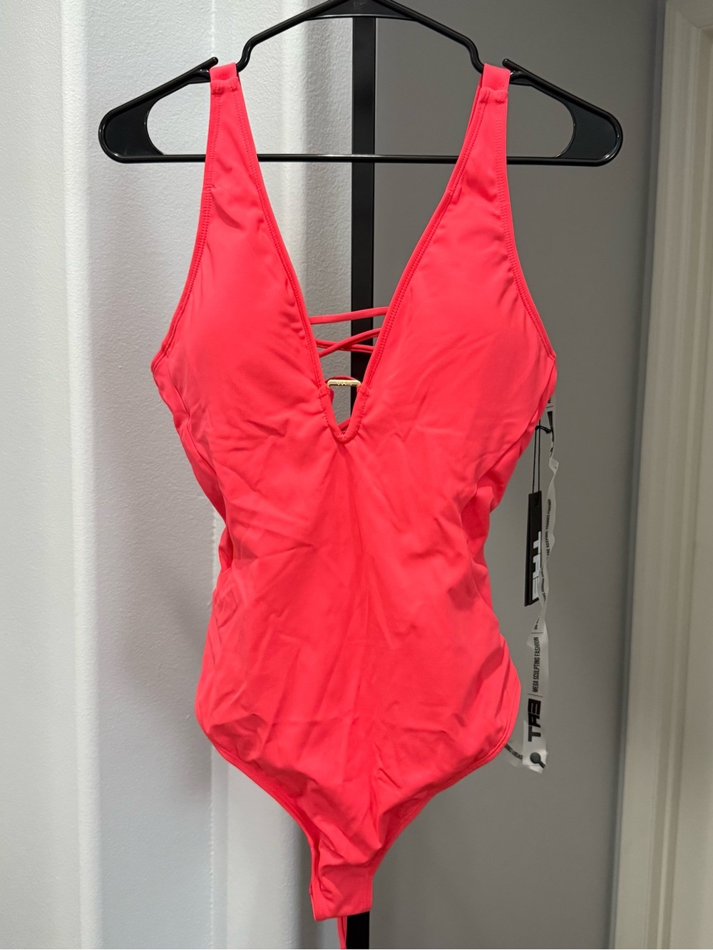 TA3 Plungey Triangle Thong Swimsuit One Piece Hot Coral XL Short Shapewear